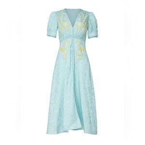 SALONI Light Blue Midi Dress with Yellow Embroidery